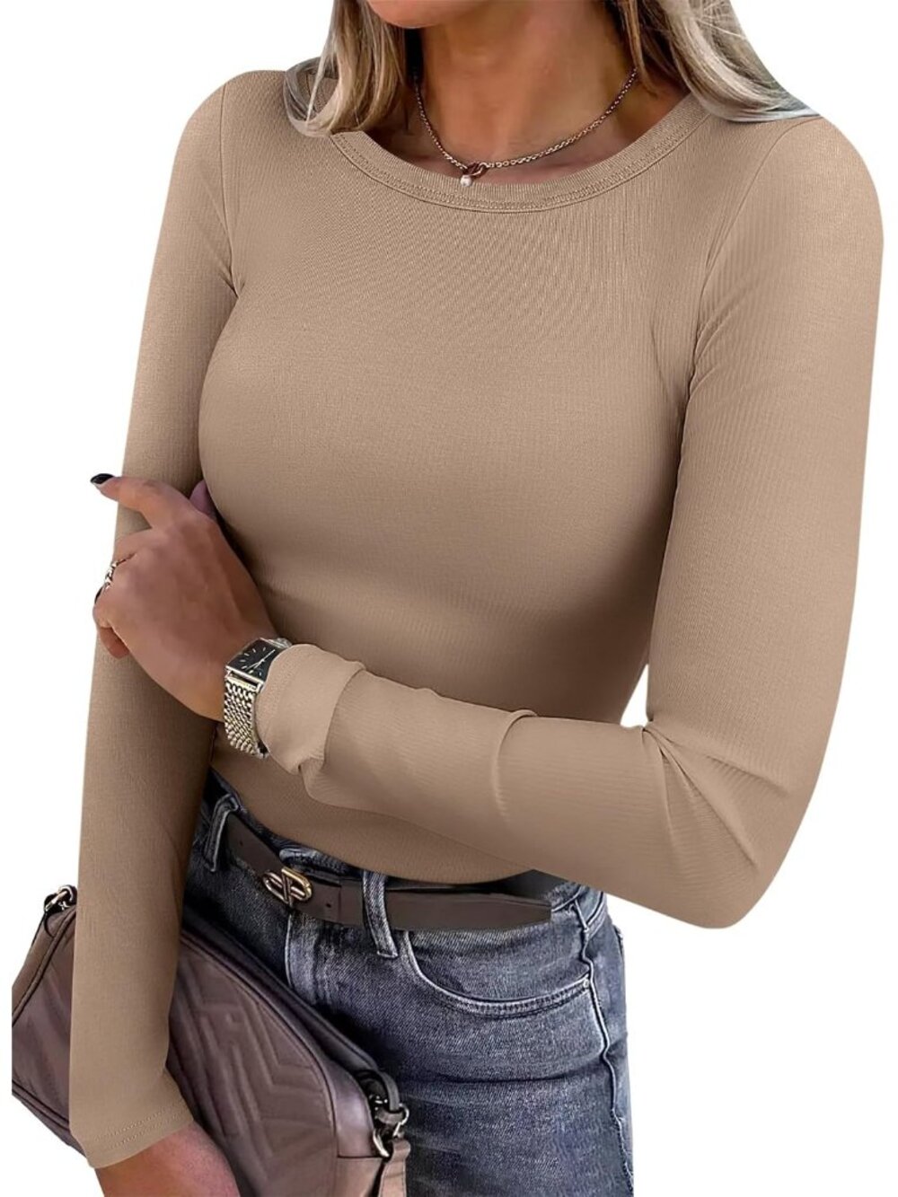 Women's Tan Long Sleeve Crew Neck Slim Fit Casual Imported Top T Shirt